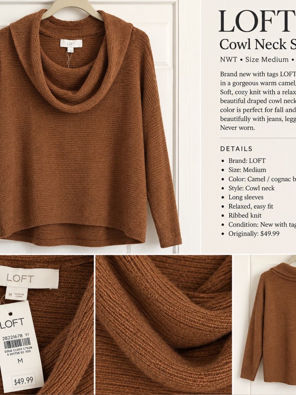 NWT LOFT Camel Brown Cowl Neck Sweater Size M